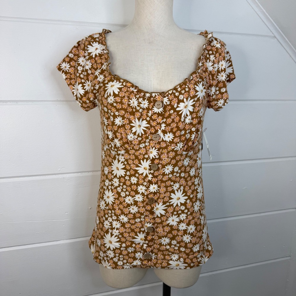 No Boundaries Brown Daisy Floral Button Front Short Sleeve Top Large Cottagecore